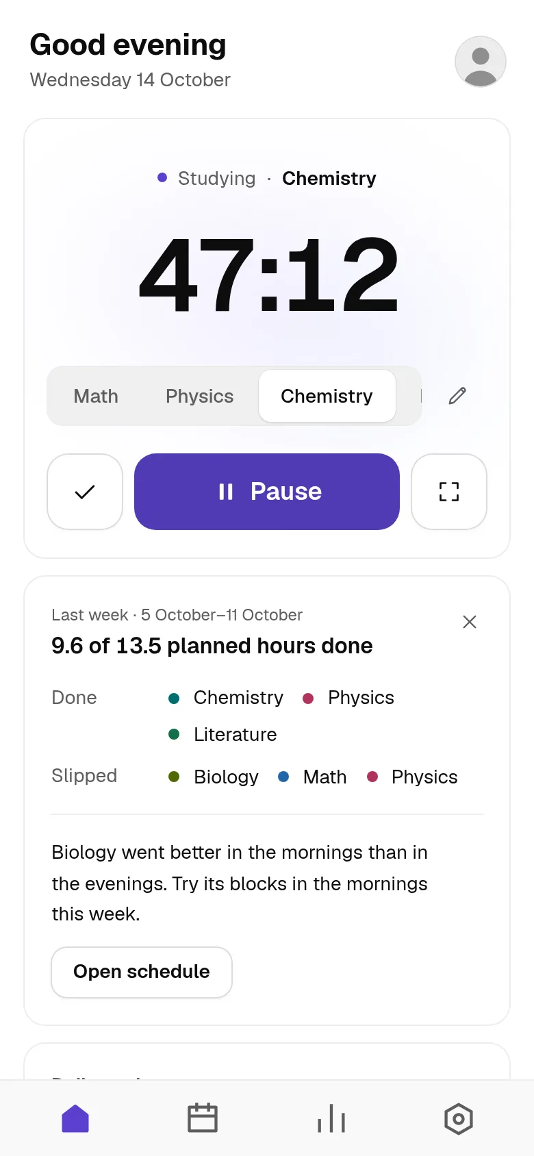 Today: the study timer running, the daily goal and today's sessions